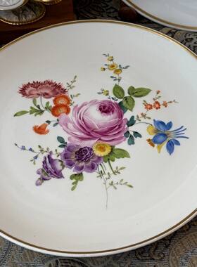 欧洲中古瓷器收藏德国梅森meissen紫玫瑰多花花簇挂盘赏盘25cm2等