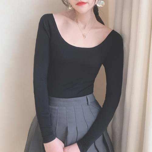 莫代尔长袖低领打底黑色薄款