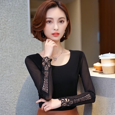 加绒加厚蕾丝打底衫女2024秋冬新款大码镂空网纱上衣长袖修身小衫