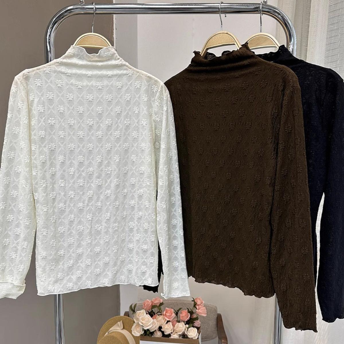 半高领打底衫女2024秋季新款蕾丝休闲百搭上衣木耳边显瘦内搭t恤