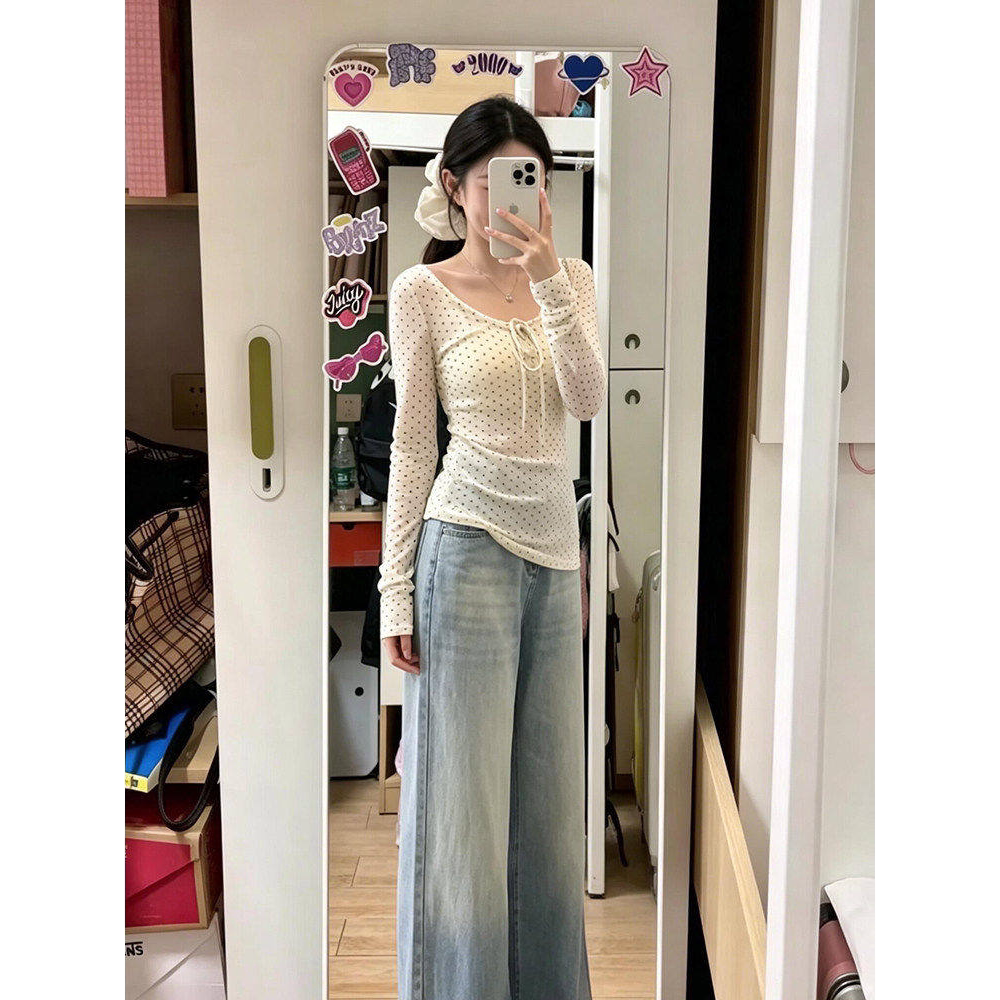韩系白色波点大方领长袖t恤女春季单穿薄款网纱微透打底衫上衣