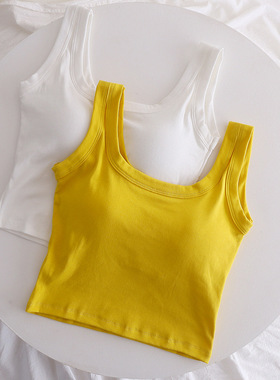 夏季外穿吊带背心带胸美背内衣女内搭美背文胸一体上衣黄色