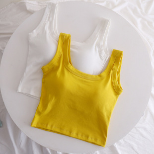 夏季 外穿吊带背心带胸美背内衣女内搭美背文胸一体上衣黄色