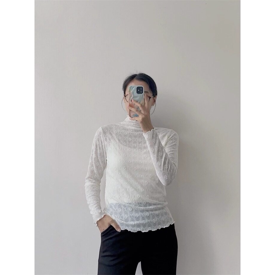 蕾丝半高领打底衫春秋新款女装通勤休闲基础款叠穿神器长袖T恤女