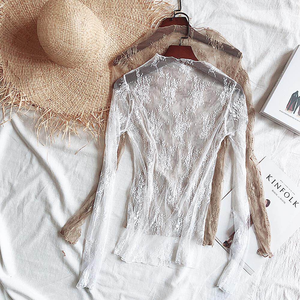 2020春装新款透视女蕾丝网纱衣打底衫长袖内搭仙甜美半高领上衣女