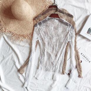 长袖 透视女蕾丝网纱衣打底衫 内搭仙甜美半高领上衣女 新款 2020春装