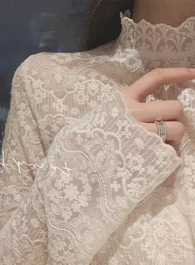 秋装新款洋气小衫女半高领刺绣内搭蕾丝衫超仙网纱打底衫仙气上衣