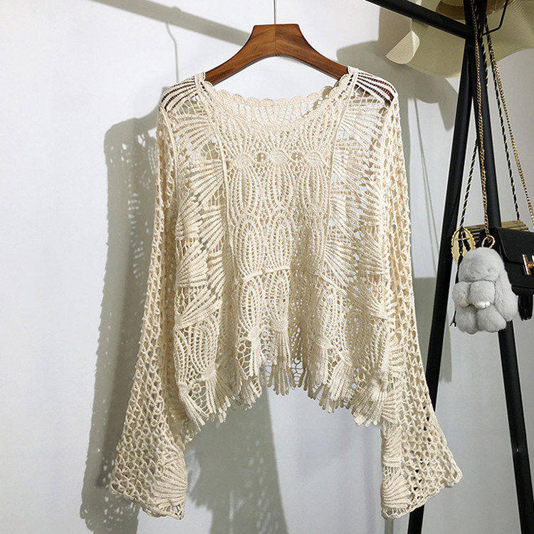 夏季针织防晒罩衫女套头复古宽松钩花镂空网衫外搭蕾丝衫上衣薄款