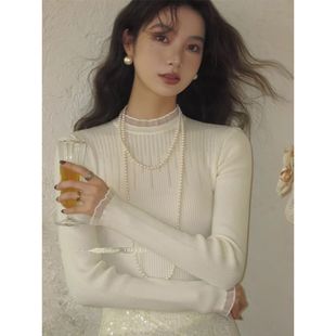 半高领蕾丝针织打底衫女秋冬高级感时尚洋气内搭法式奶系温柔上衣