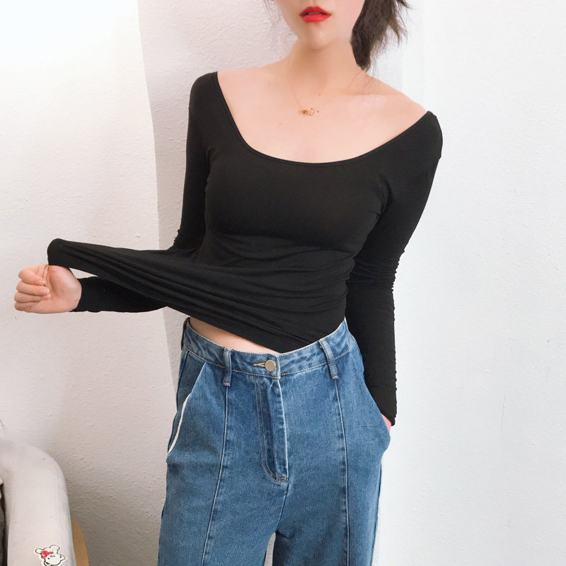 春秋薄款莫代尔打底衫女长袖低领紧身大U领圆领T恤贴内搭上衣潮