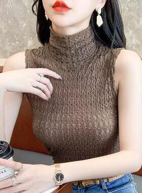 胖MM大码高领蕾丝打底衫秋冬内搭背心小衫透明无袖上衣假领子美脖
