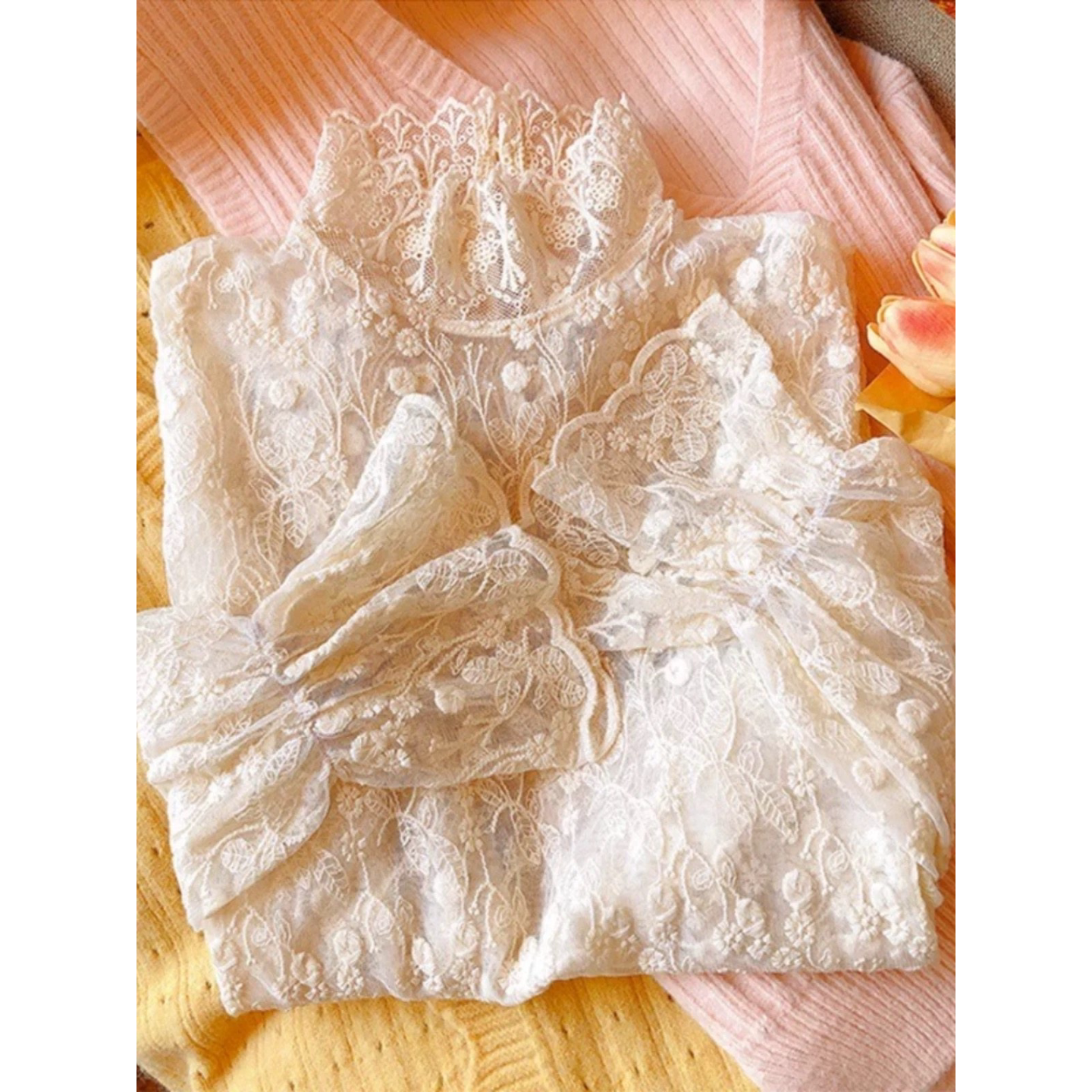 喇叭袖半高领蕾丝打底衫女春秋冬季大码内搭加绒网纱保暖小衫上衣