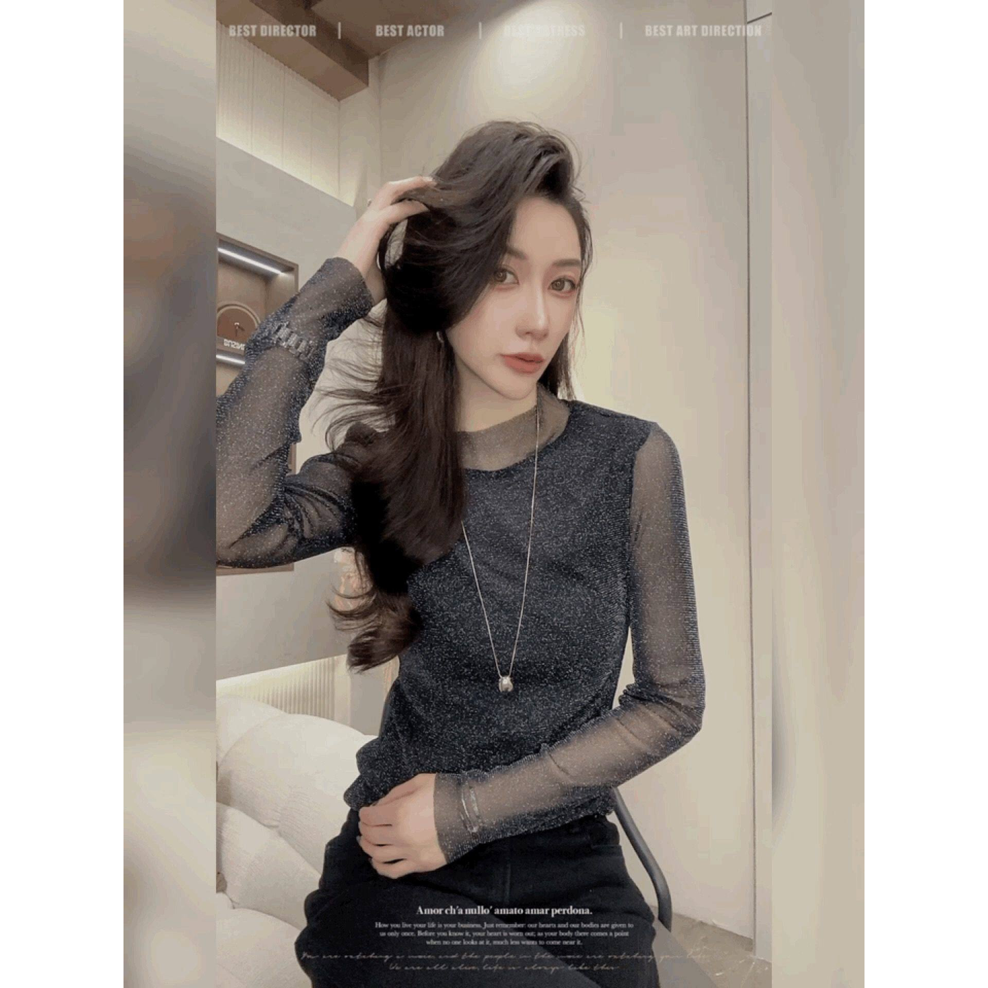 亮丝网纱半高领长袖打底衫女修身法式黑色上衣时尚高级感蕾丝T恤