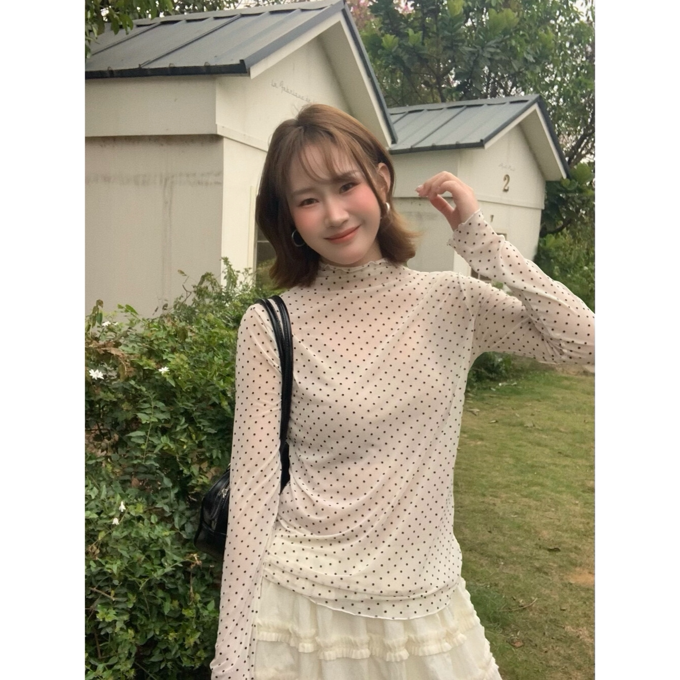 早春新款韩系木耳边波点网纱高领打底衫女叠穿吊带裙内搭薄款上衣