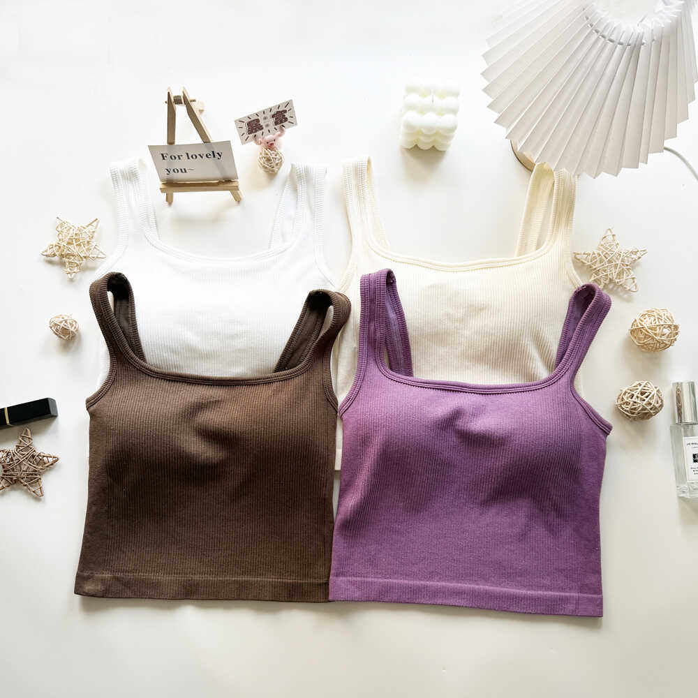 方领吊带背心女秋冬2024新款无袖针织打底内搭短款带胸垫上衣外穿