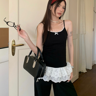 2025黑色吊带背心女夏季新款修身内搭叠穿蕾丝花边下摆小上衣