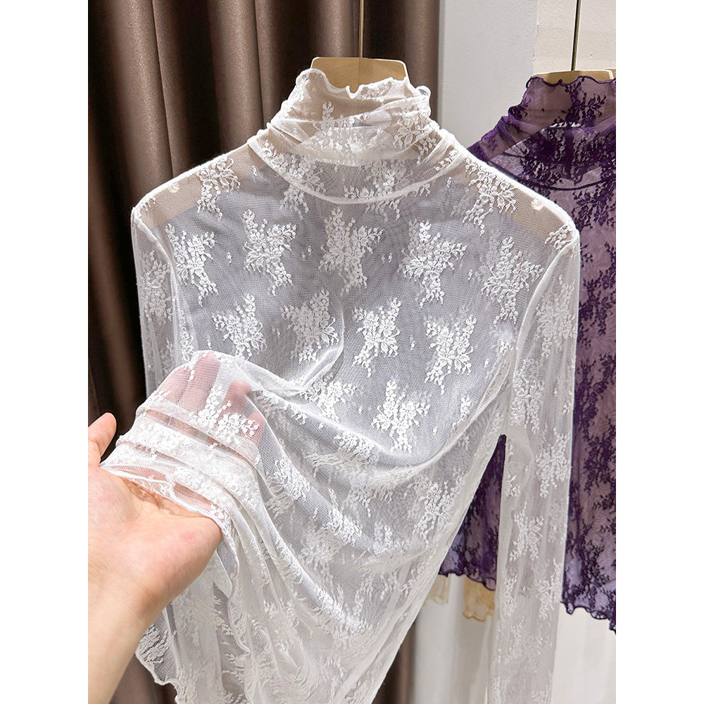 高端欧货蕾丝高领打底衫女春秋冬新款木耳边薄款网纱内搭修身上衣,女装/女士精品,蕾丝衫/雪纺衫,淘宝优惠券,粉丝福利购,淘宝优惠卷