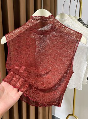 安可拉红蕾丝假领子百搭女高档无袖背心打底衫女高领毛衣内搭纱衣