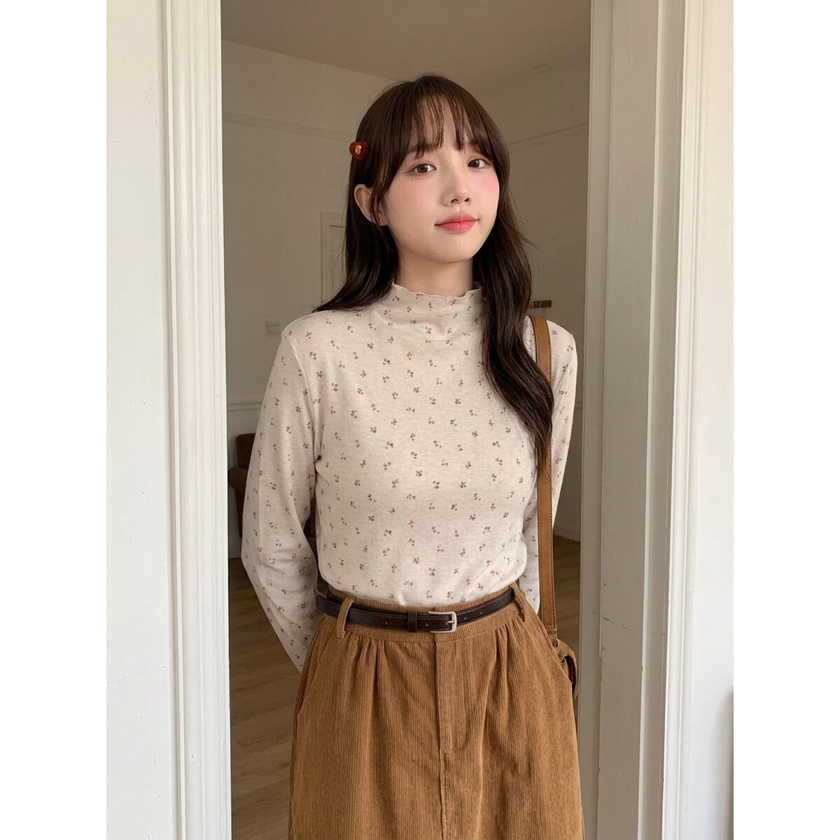 韩版温柔风小碎花长袖T恤女秋冬修身半高领打底衫百搭气质上衣