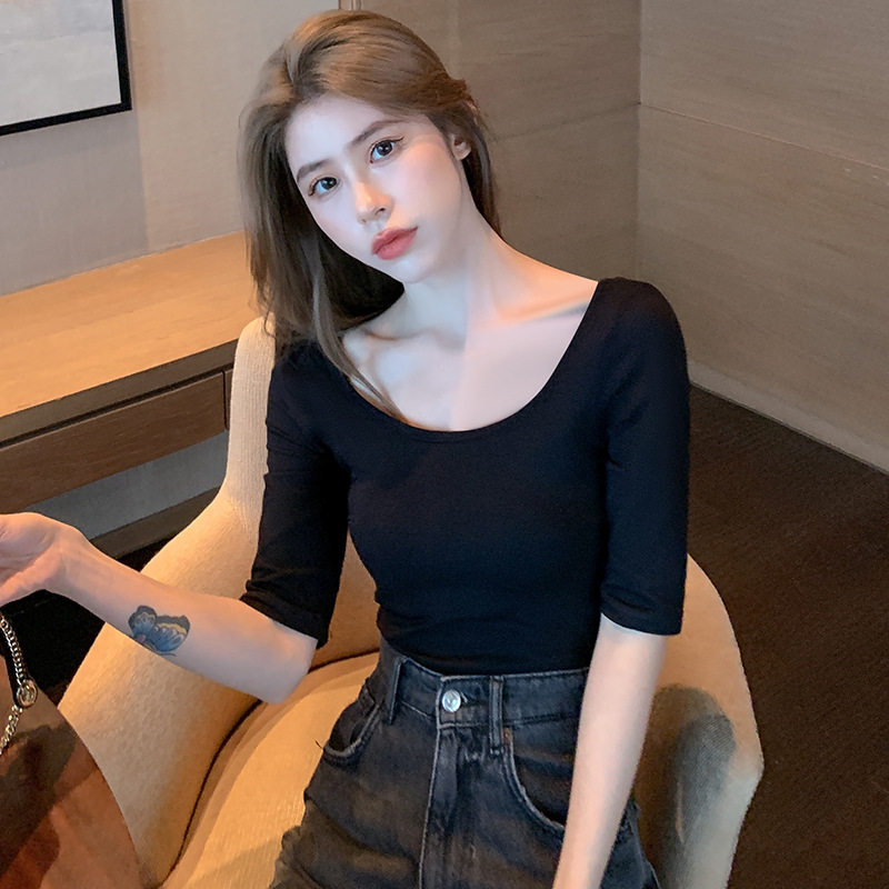 u领中袖T恤女修身内搭莫代尔五分袖打底衫低领上衣春秋2023新款,女装/女士精品,T恤,淘宝优惠券,粉丝福利购,淘宝优惠卷