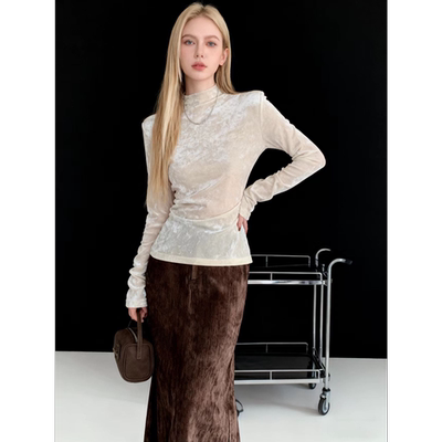 渐变丝绒半高领T恤2025秋冬新款白色修身内搭外穿上衣女