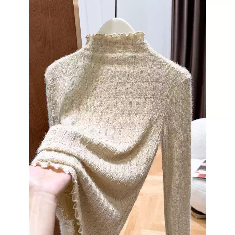 高档欧货蕾丝内搭小衫女秋冬木耳花边高领保暖独特漂亮磨毛打底衫