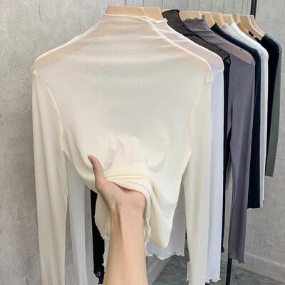 欧货半高领蕾丝打底衫女秋冬洋气新款内搭长袖小衫早秋网纱上衣潮