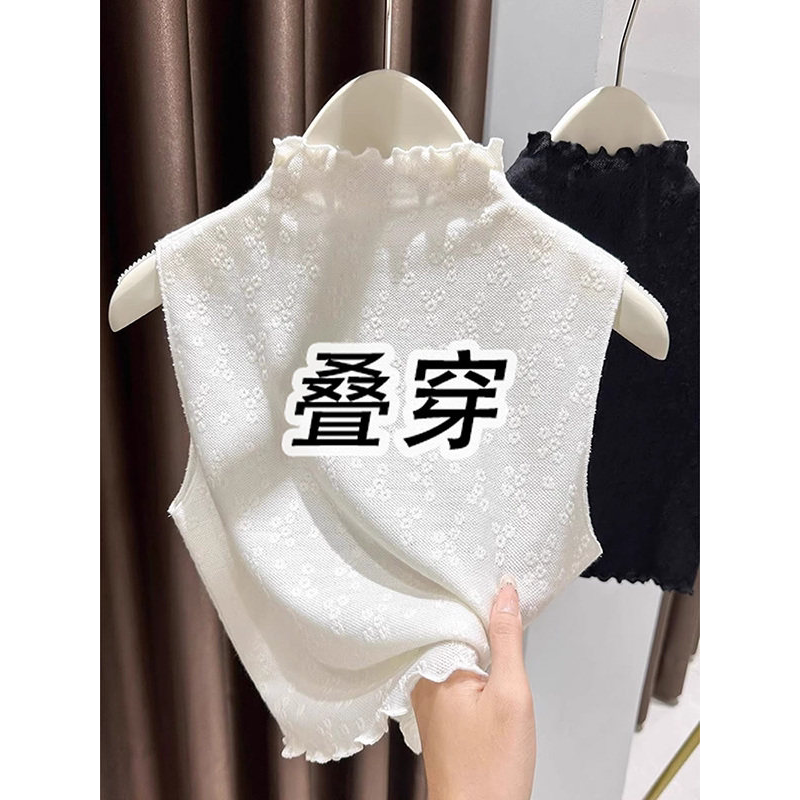 蕾丝波点叠穿假领子半高领打底衫女小香风内搭背心木耳边无袖上衣
