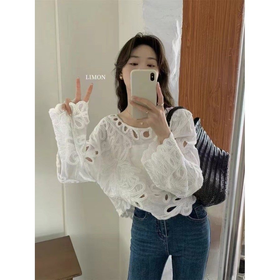 法式镂空蕾丝刺绣白色衬衫2024早秋新款女装甜美宽松韩版圆领上衣