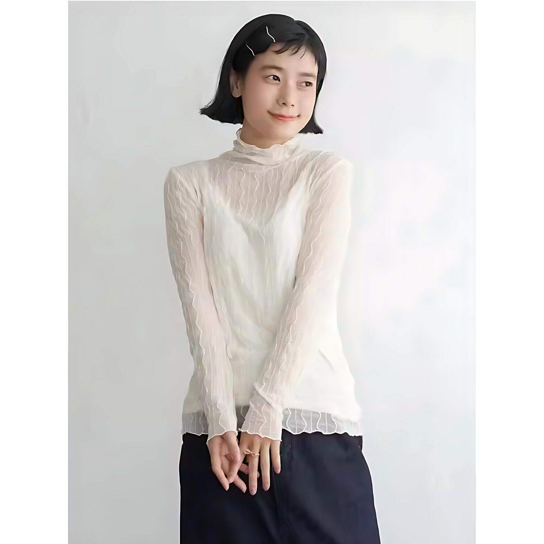 日单人气波浪木耳边网纱打底高领少女系叠穿透肤日系百搭甜美高弹