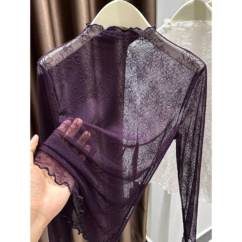 时尚紫色镂空半高领蕾丝打底衫女秋季木耳边修身内搭透肉薄款上衣