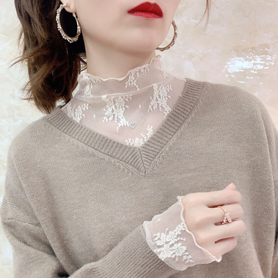 白色蕾丝打底衫气网纱上衣女