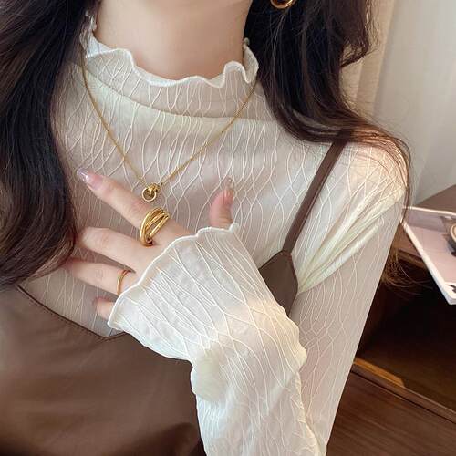 蕾丝打底衫女2024新款秋季薄款白色小香风内搭半高领网纱黑色上衣