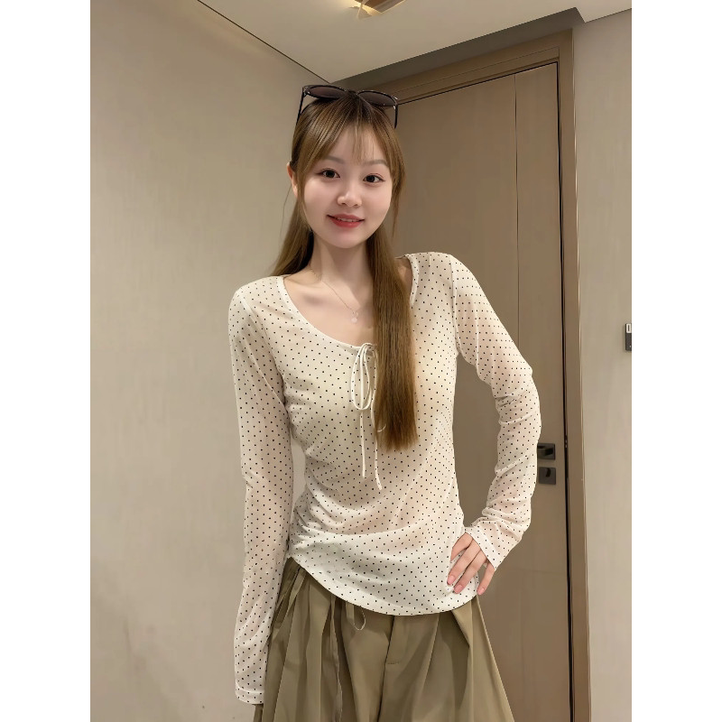 大码纯欲薄款微透波点系带蝴蝶结长袖防晒T恤女夏季修身显瘦上衣