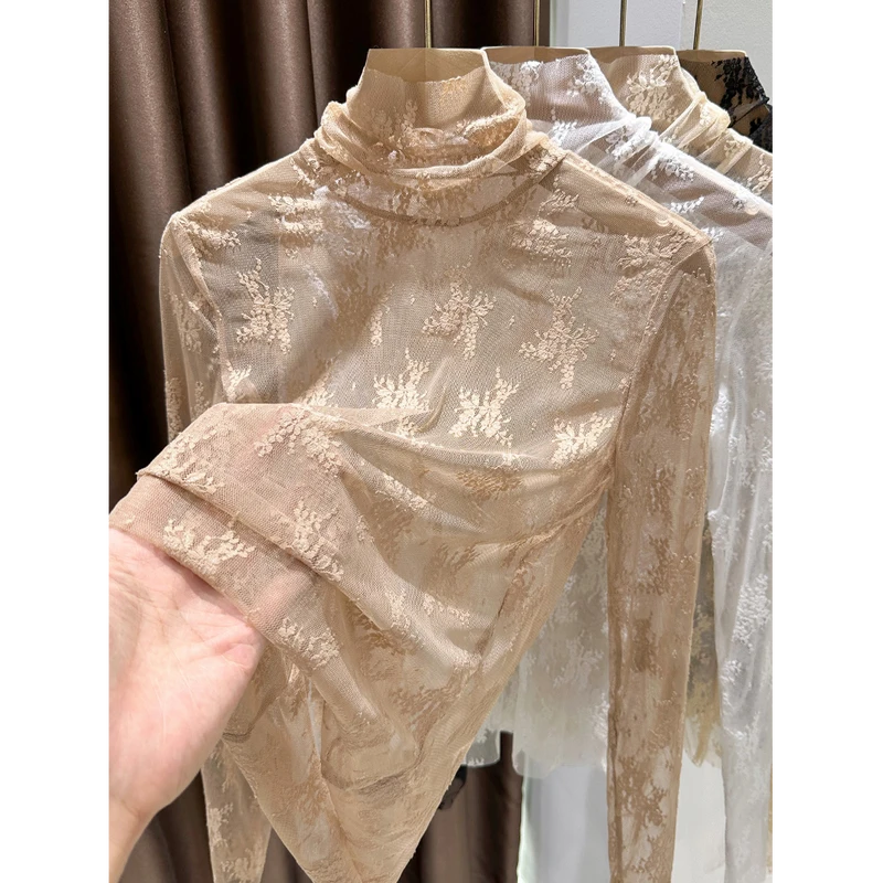 蕾丝上衣女漂亮新款春秋堆堆高领修身打底衫吊带裙网纱长袖薄内搭