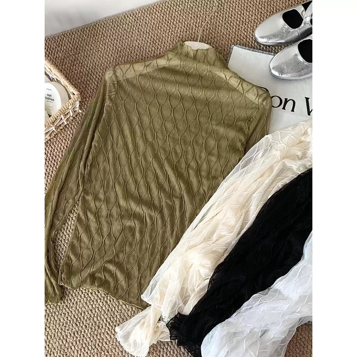木耳边蕾丝打底衫女长袖薄款秋冬高领洋气内搭纱衣透明网纱小衫女