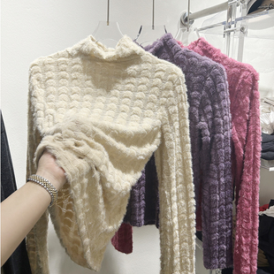 水貂毛洋气性感蕾丝打底衫女冬天保暖上衣冬季加厚保暖长袖女