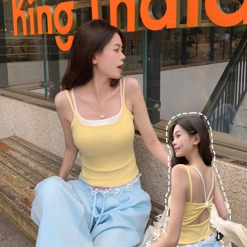 假两件美背蝴蝶结镂空吊带辣妹背心带胸垫一体杯春夏外穿裹胸上衣