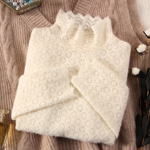 高领加绒磨毛蕾丝打底衫女秋冬新款网纱上衣时髦时尚洋气内搭小衫