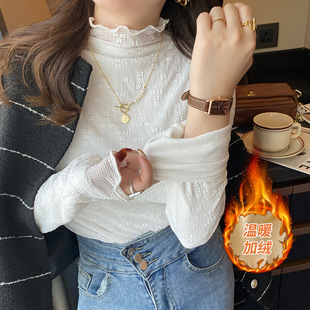 内搭蕾丝打底衫女2024新款加绒加厚配毛衣秋冬半高领黑色网纱小衫