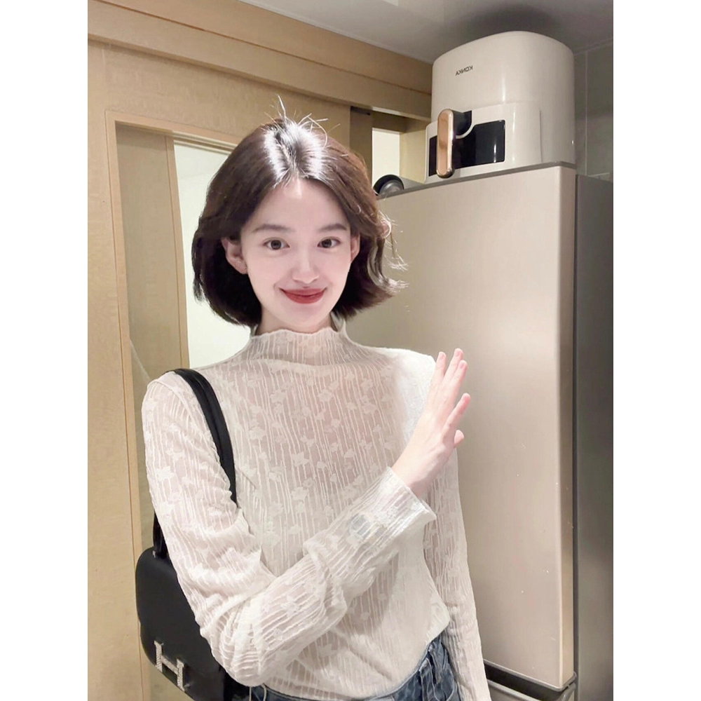 巨好看白色蕾丝半高领打底衫女秋季法式小香风高级感内搭T恤上衣