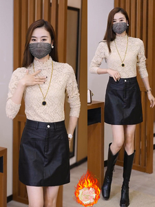加绒加厚蕾丝打底衫女秋冬季新款时尚洋气修身显瘦半高领内搭上衣