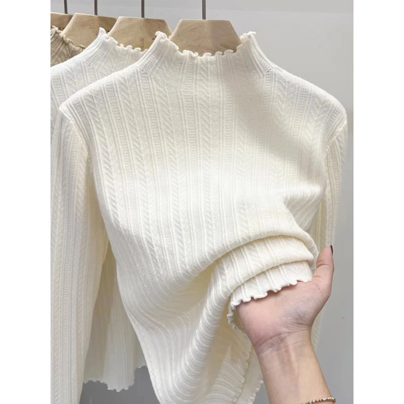 品牌折扣女装剪标外贸春秋内搭打底衫女木耳边半高领毛衣针织上衣