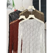 设计感独特别致透视叠穿上衣 女秋季 镂空勾花半高领长袖 蕾丝打底衫