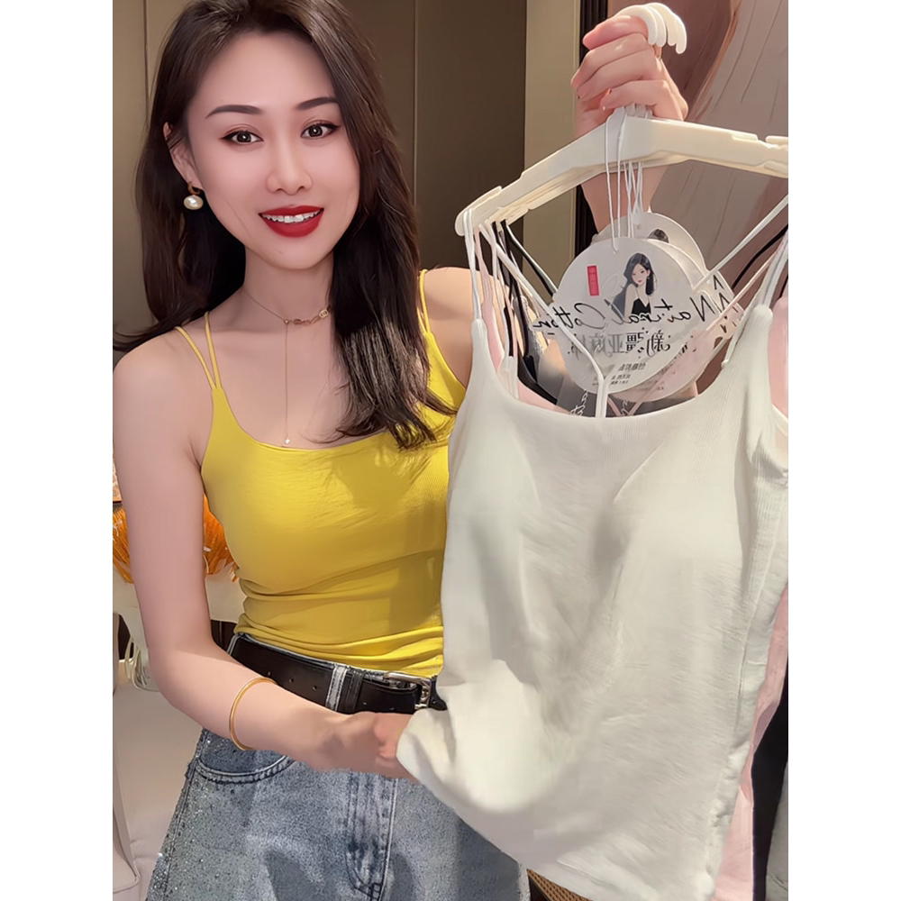 韩版夏季双肩带吊带背心女早春洋气露背u型美背带胸垫一体上衣