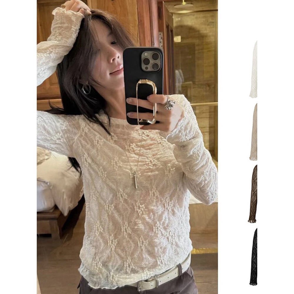 气质钩花镂空花朵长袖蕾丝打底衫女秋季微透薄款洋气内搭小衫上衣