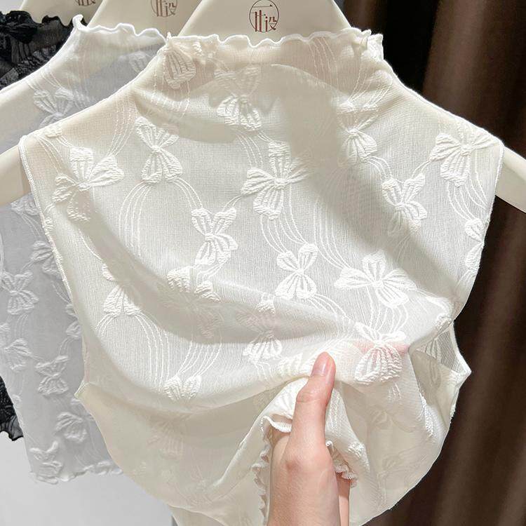 花边领蕾丝假领子百搭女高档木耳边无袖背心修身网纱高领打底衫秋