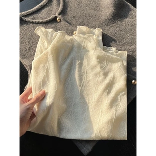 2025小香风半高领蕾丝纱衣打底衫女春秋冬修身木耳边内搭T恤上衣