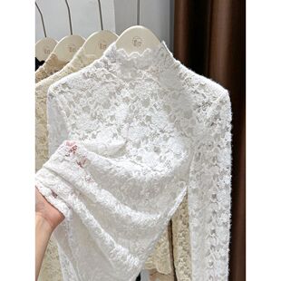 白色高领蕾丝好看洋气的打底衫女秋冬季洋气内搭性感钩花镂空上衣