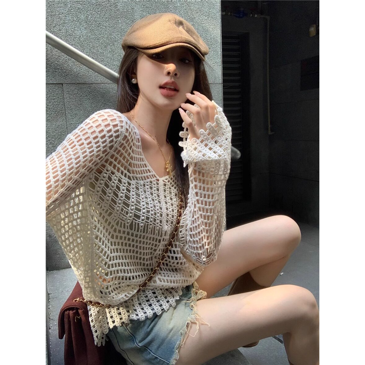 网纱短款针织防晒罩衫女春装薄纱吊带裙外搭网状网织镂空夏季上衣